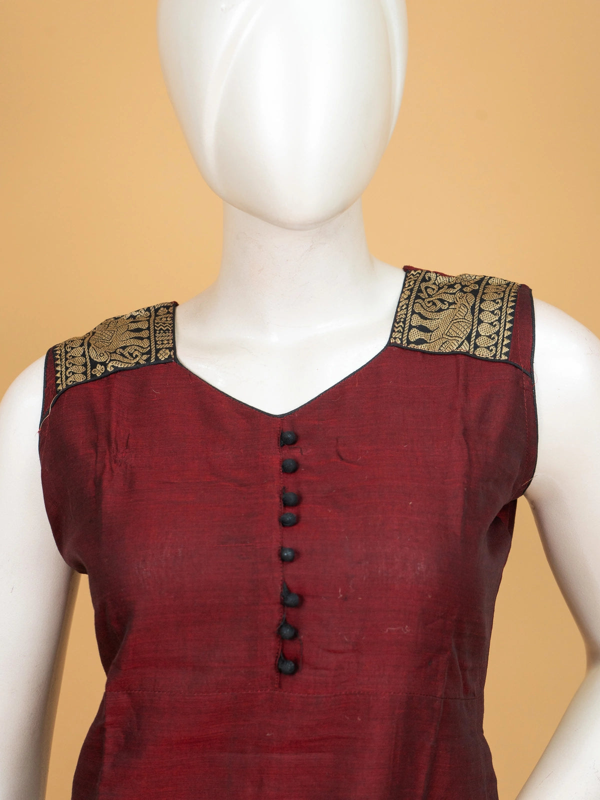 Maroon cotton silk straight cut kurti set with gold zari elephant border and dupatta