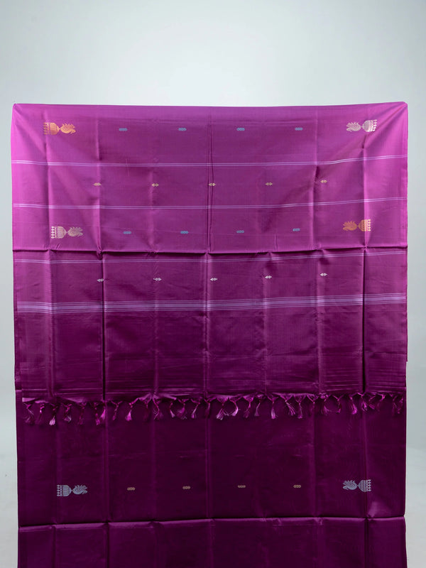 Magenta banana silk saree with peacock zari buttas and striped pallu