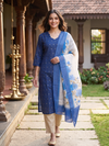 Navy Blue with Floral Dupatta Ready Made Straight Cut Kurti Set