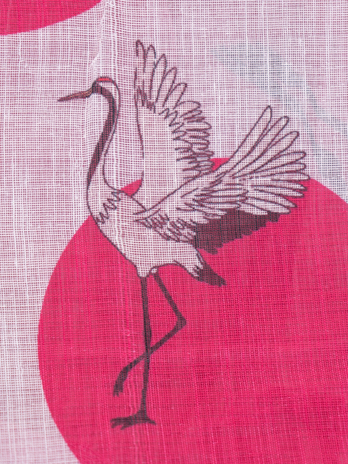 Rani pink linen cotton saree with white flying crane prints, tonal circles and a thin gold zari border