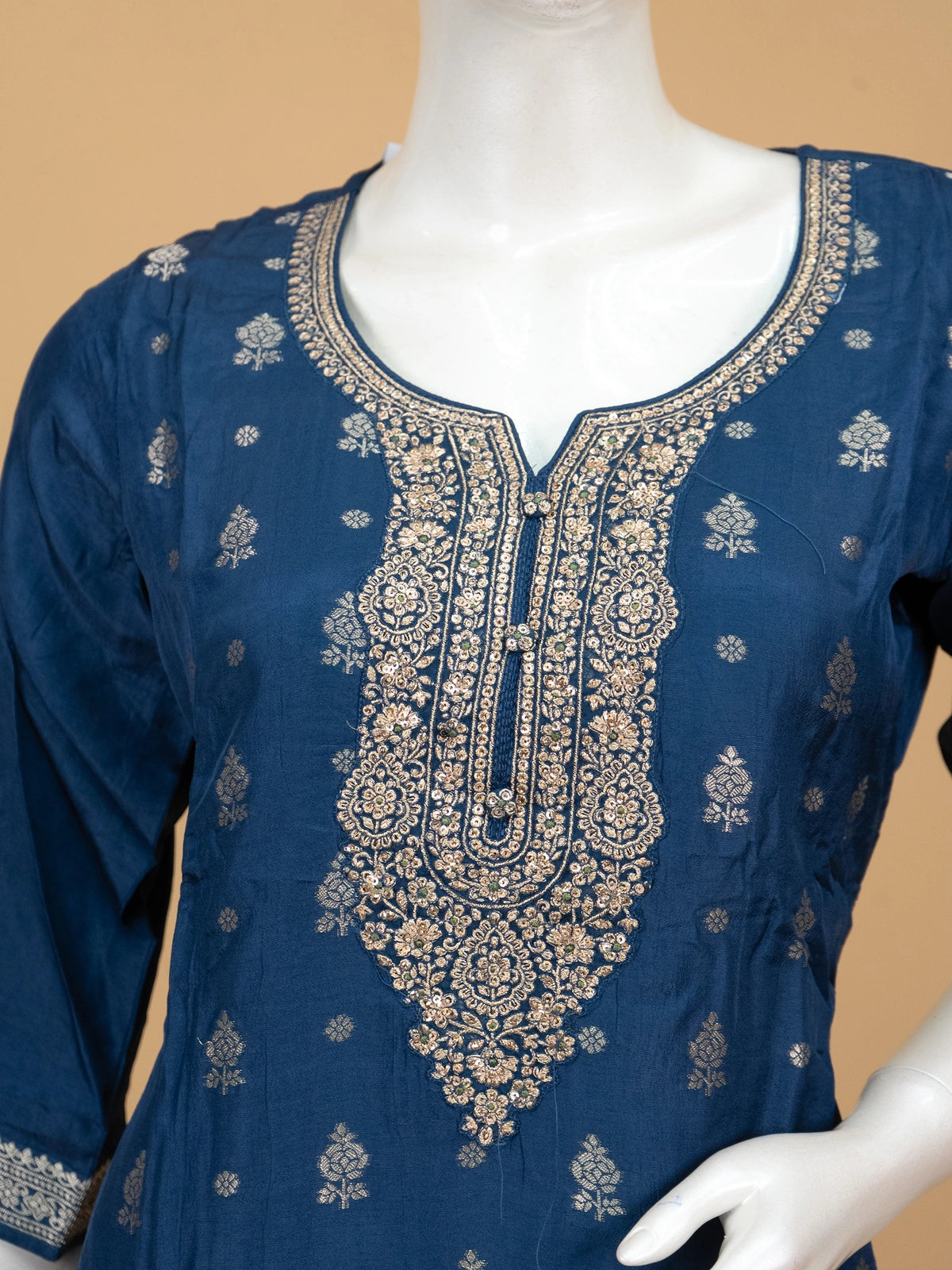 Peacock Blue Zari woven straight cut kurti set with embroidered neckline and floral printed dupatta