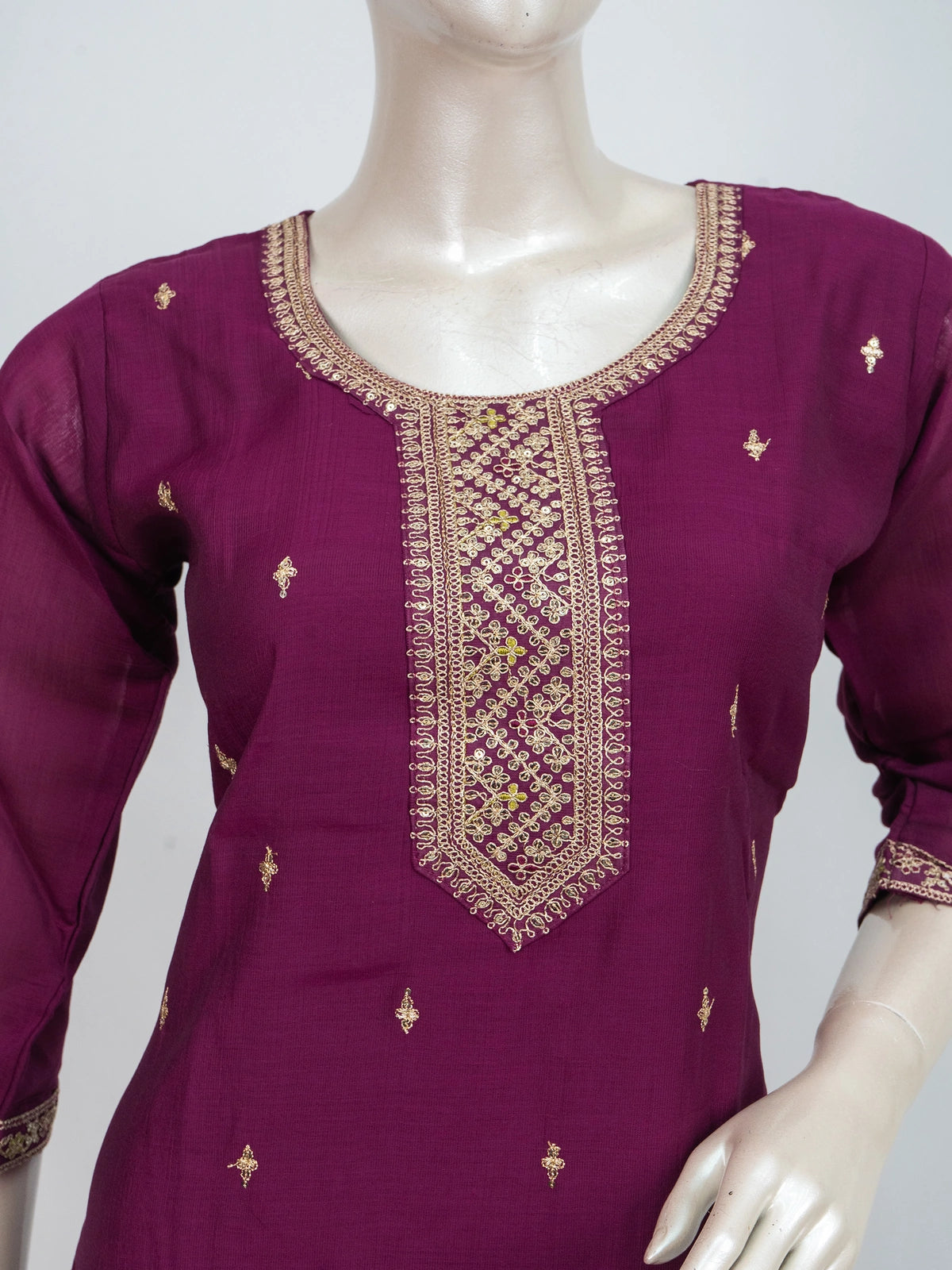 Wine purple zari embroidered straight cut kurti set with cream floral printed dupatta