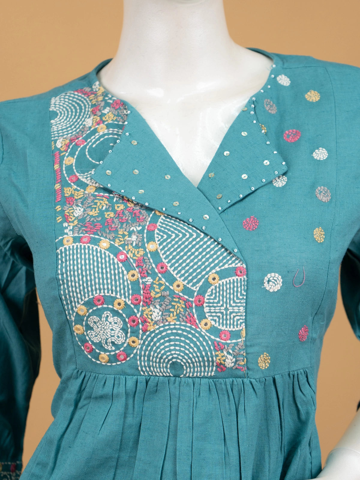 Teal cotton straight cut kurti set with peacock Kantha embroidery and matching pants