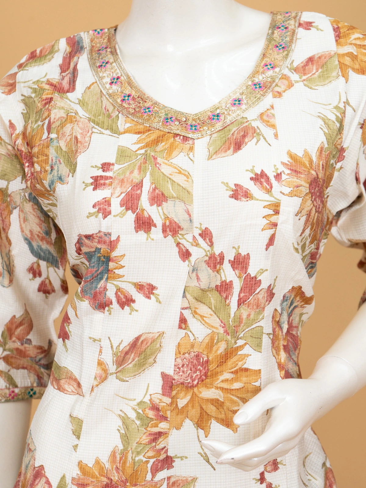 Cream floral printed cotton A-Line kurti set with embroidered neckline and green dupatta