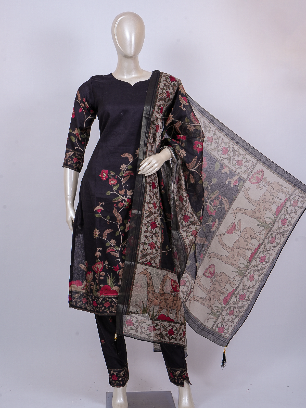 Black floral cotton kurti set with straight pants and Kalamkari print dupatta