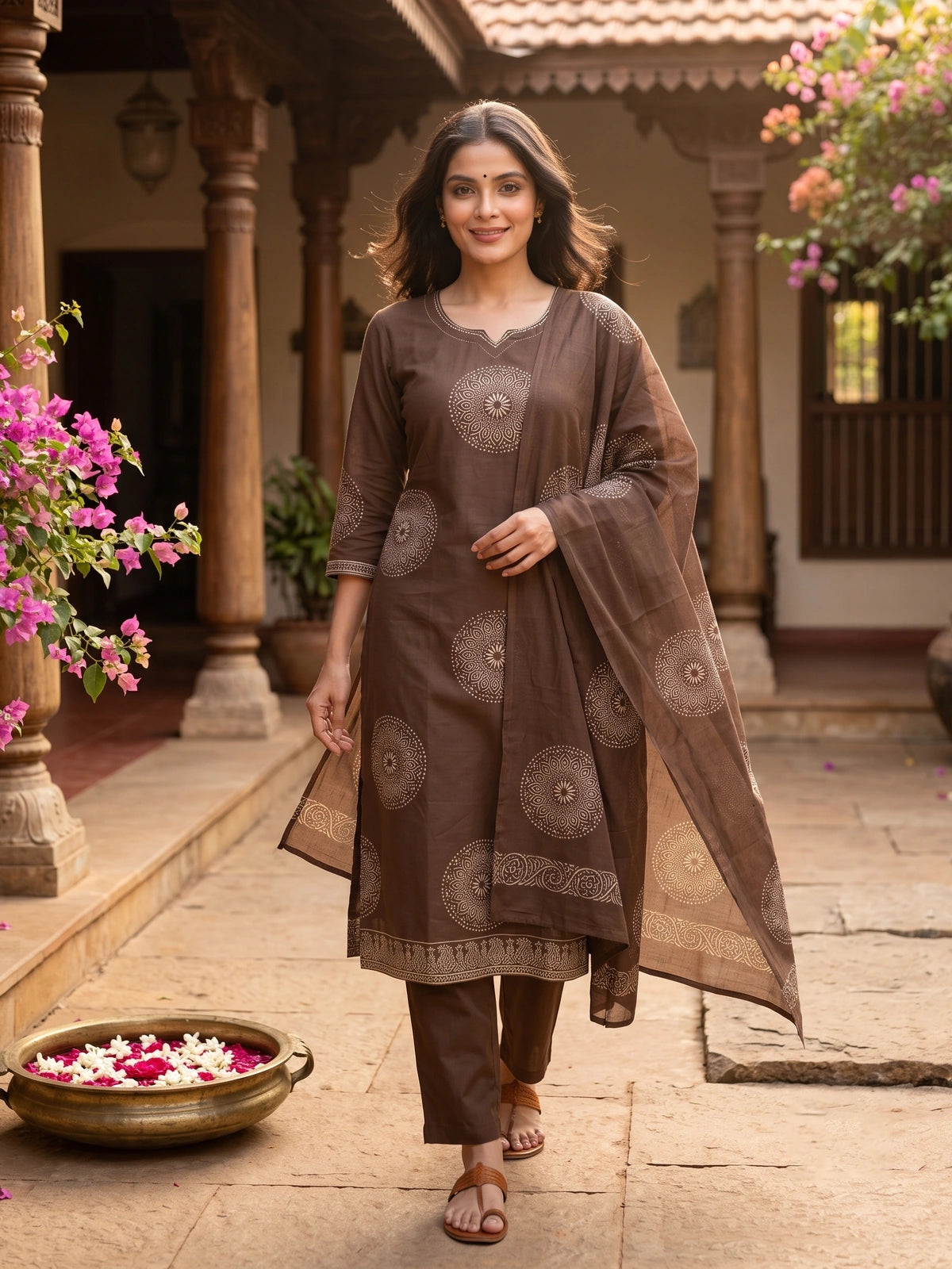 Brown block print cotton kurti set with cream mandala motifs and matching dupatta