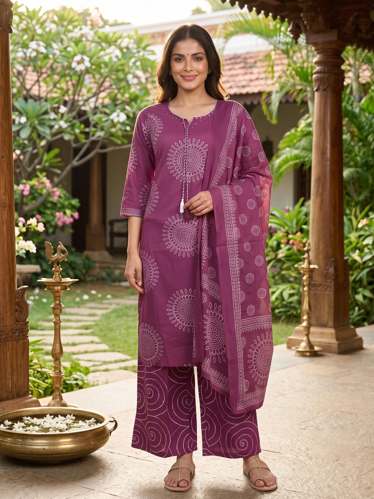 Magenta Bandhani Print Cotton Straight Cut Salwar Set with Dupatta