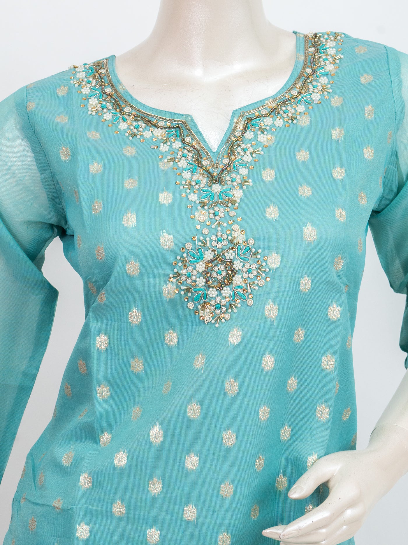 Turquoise Zari Embellished Chanderi Silk Straight Cut Kurti Set
