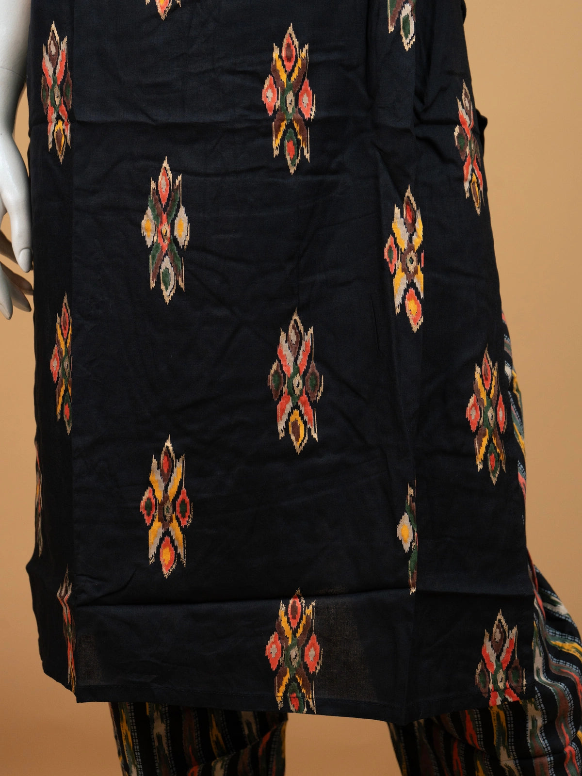 Black ikat print cotton co-ord kurti set with mirror work and matching printed pants