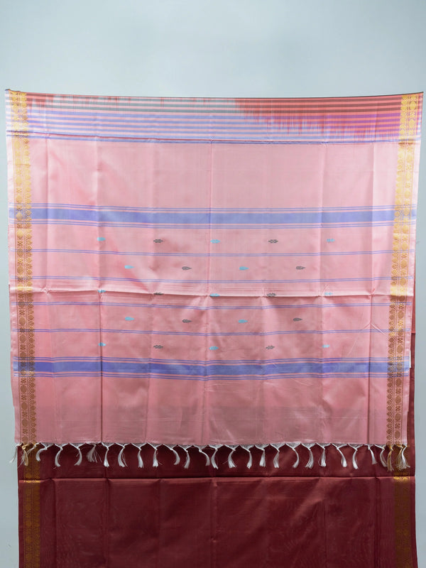 Maroon banana silk saree with contrast pink striped pallu and gold zari border
