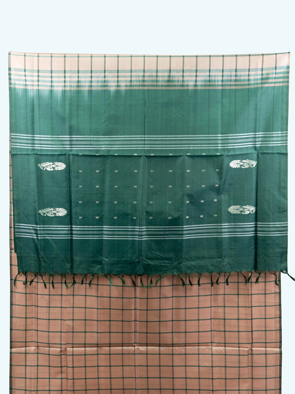 Dusty peach and green checked banana silk saree with green zari pallu and contrast border