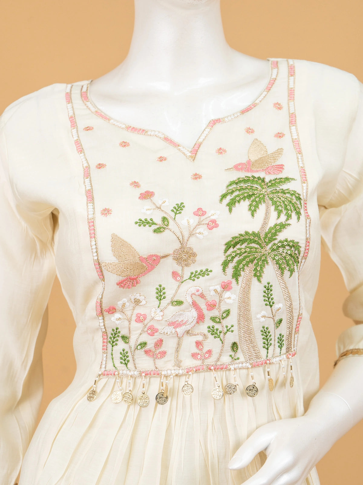 Off-White bird and palm embroidered cotton Anarkali kurti set with dupatta