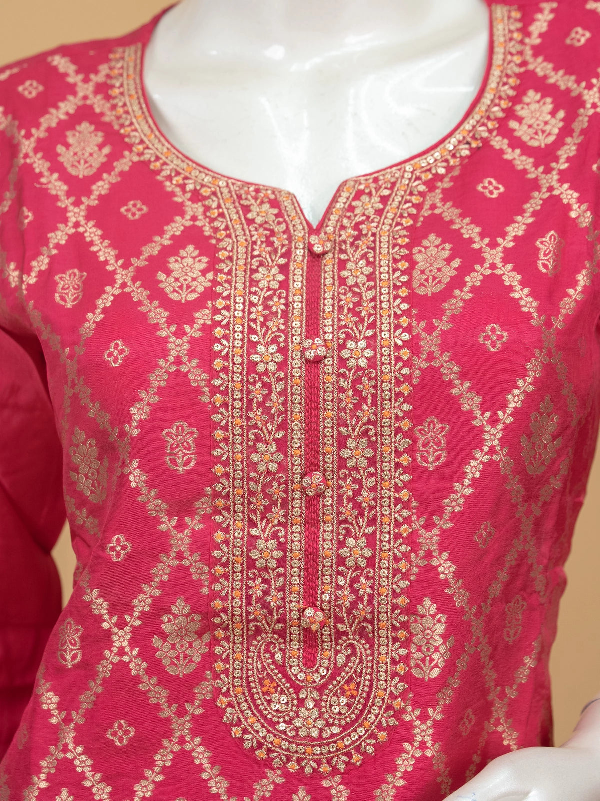 Rani Pink Banarasi silk zari woven straight cut kurti set with floral print dupatta