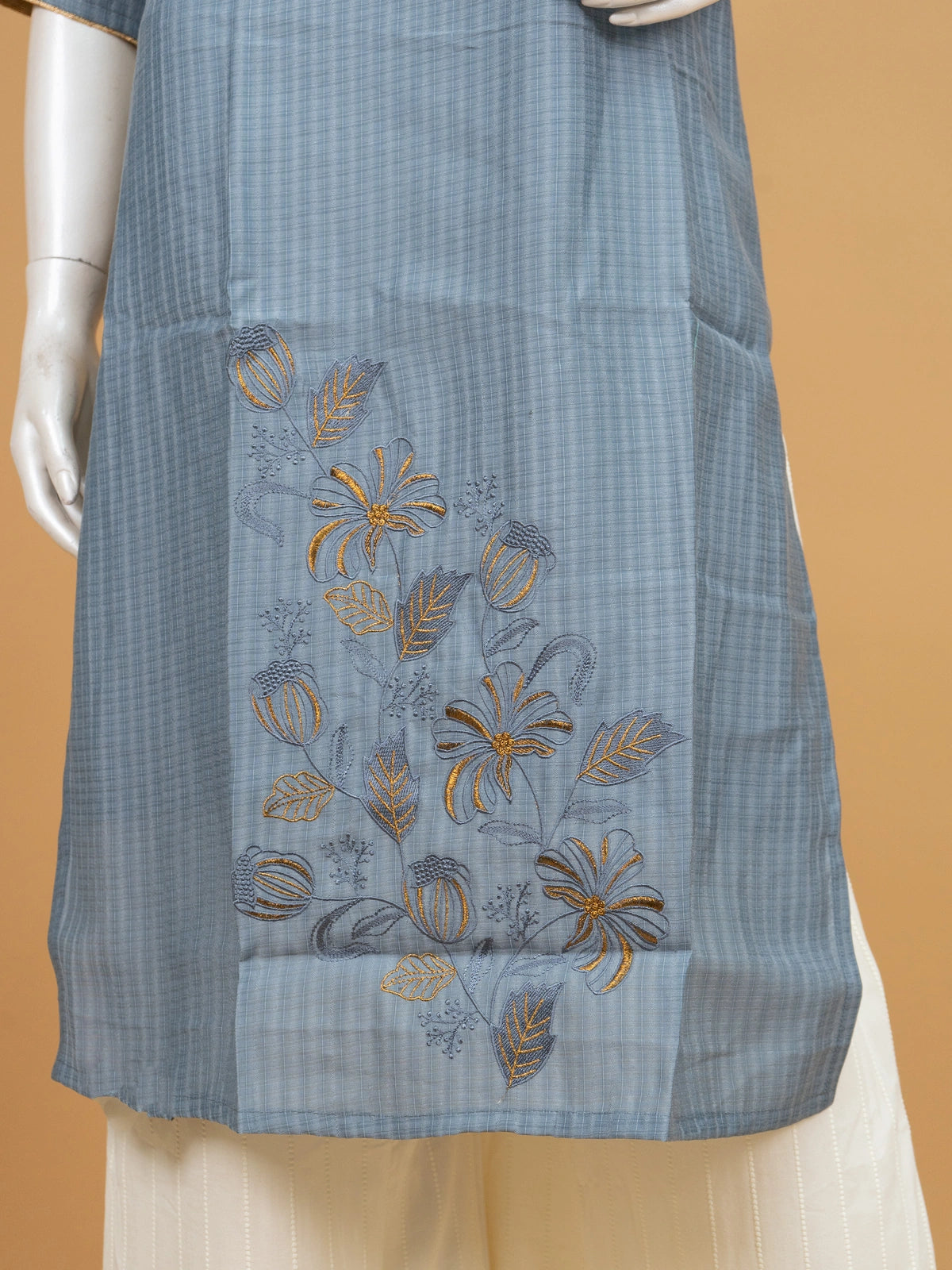 Grey Blue Cotton Zari Embroidered Anarkali Kurti Top with gold floral embroidery