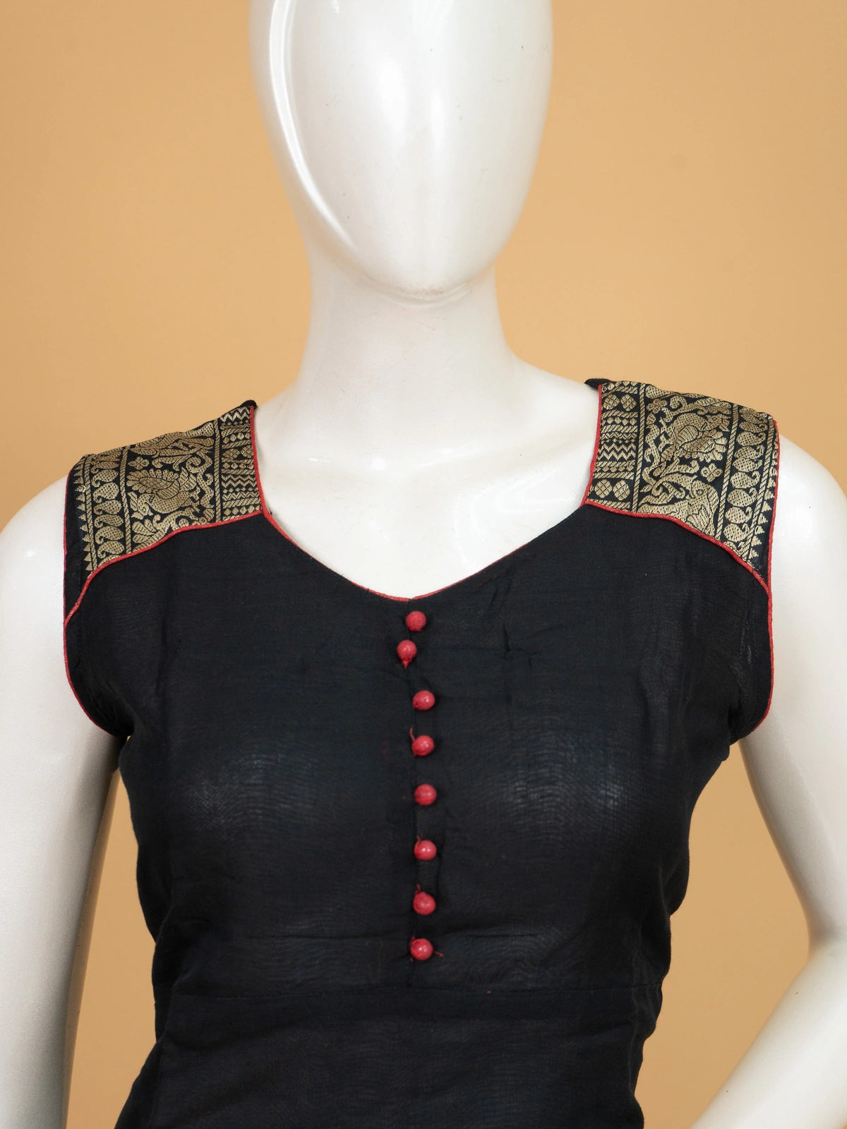 Black cotton silk straight cut kurti set with gold zari border, red contrast pants and dupatta