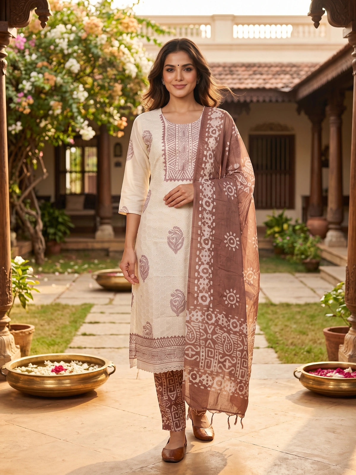 Cream with Brown Dupatta Ready Made Straight Cut Kurti Set