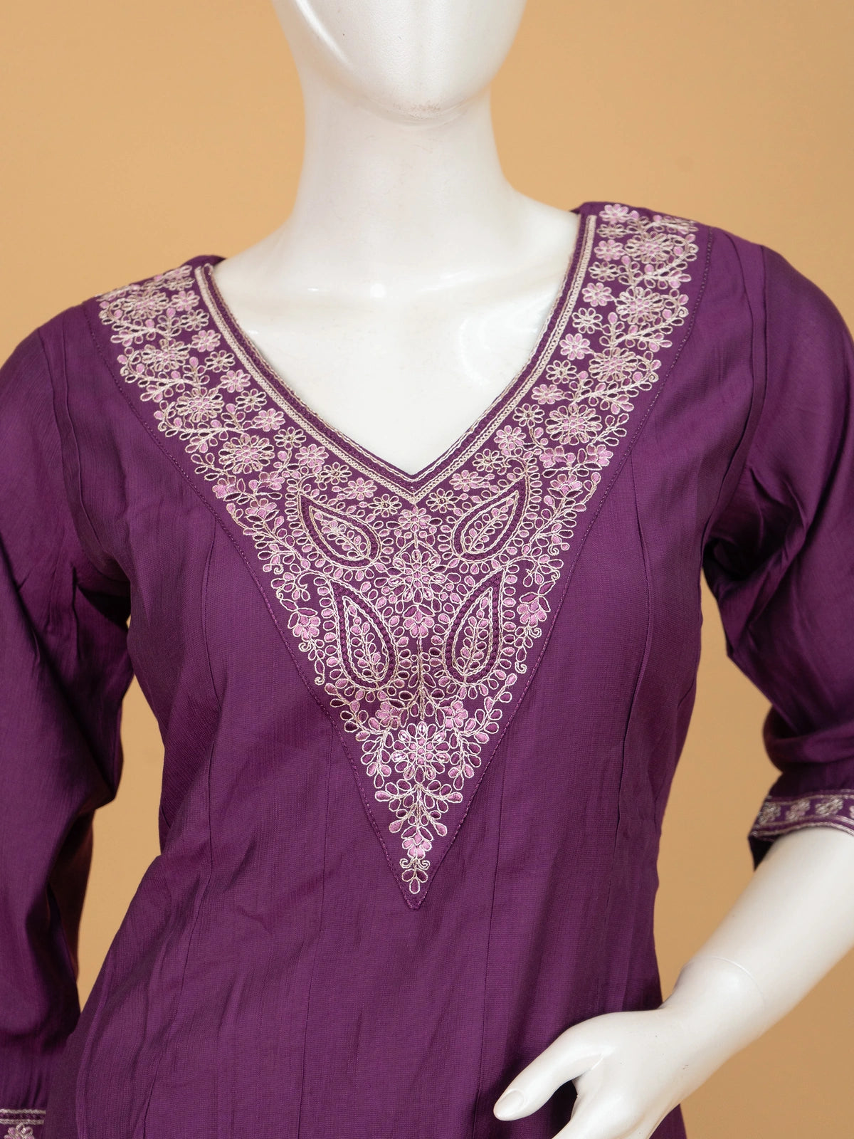 Purple embroidered cotton A-Line kurti set with pants and printed dupatta