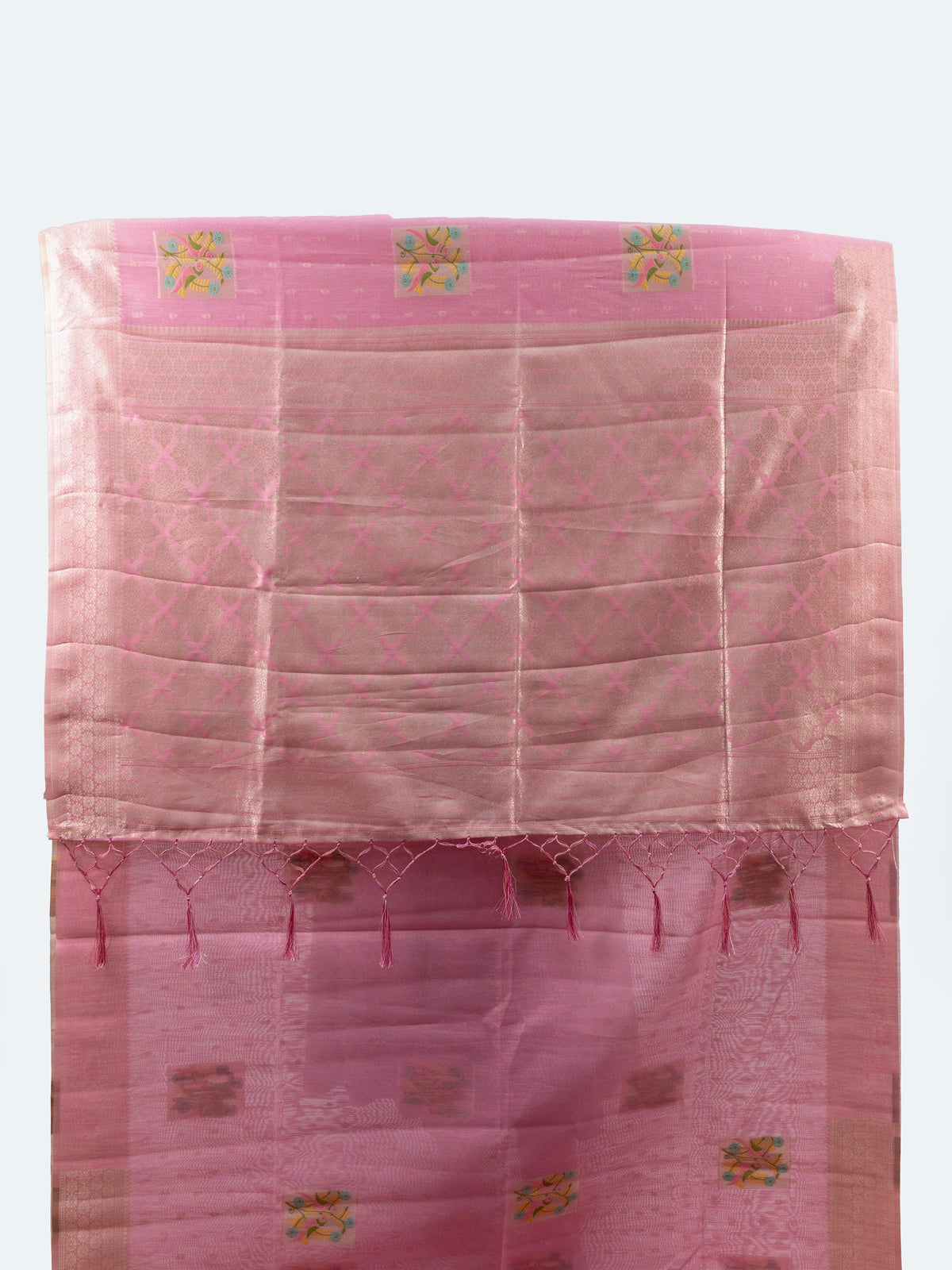 Pink linen cotton saree with silver zari border, buti weave and floral butta motifs