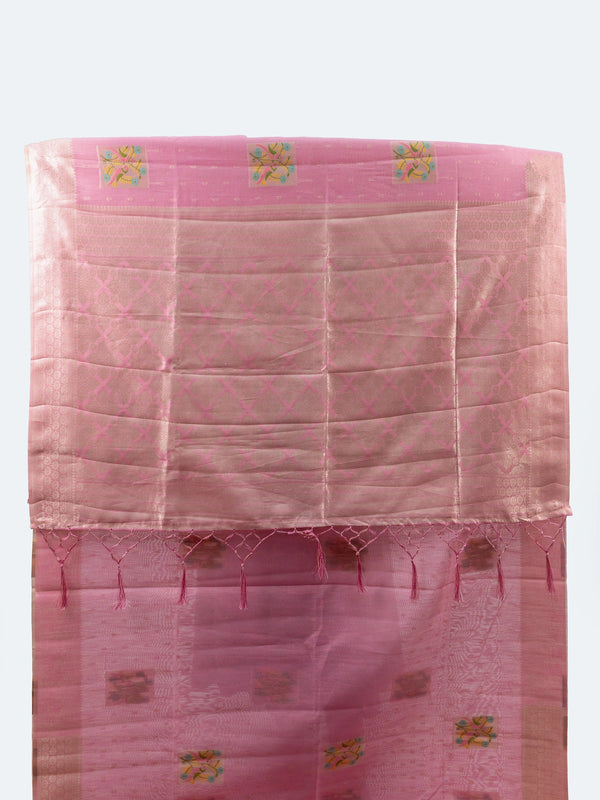 Pink linen cotton saree with silver zari border, buti weave and floral butta motifs