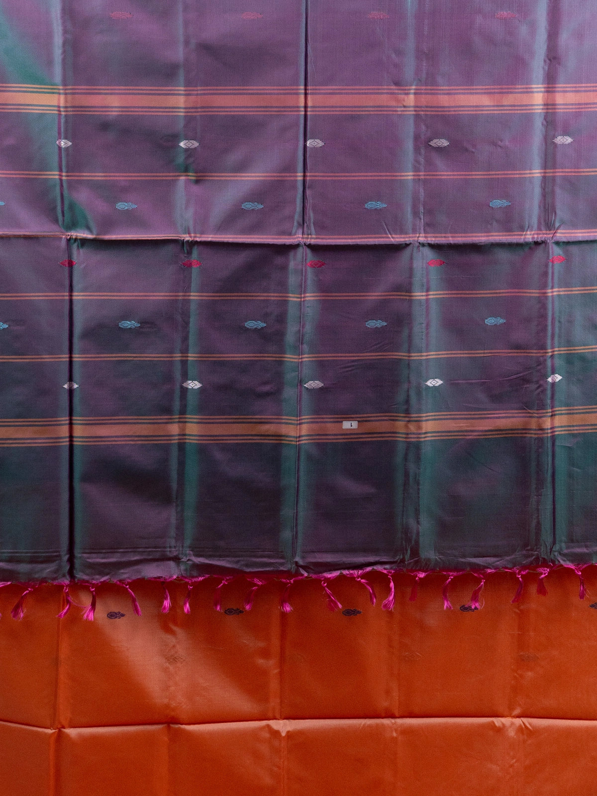 Peach Banana Silk saree with gold zari border, contrast grey checked pallu and embroidered black blouse