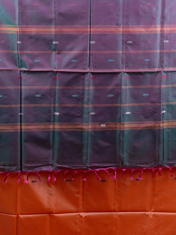 Peach Banana Silk saree with gold zari border, contrast grey checked pallu and embroidered black blouse