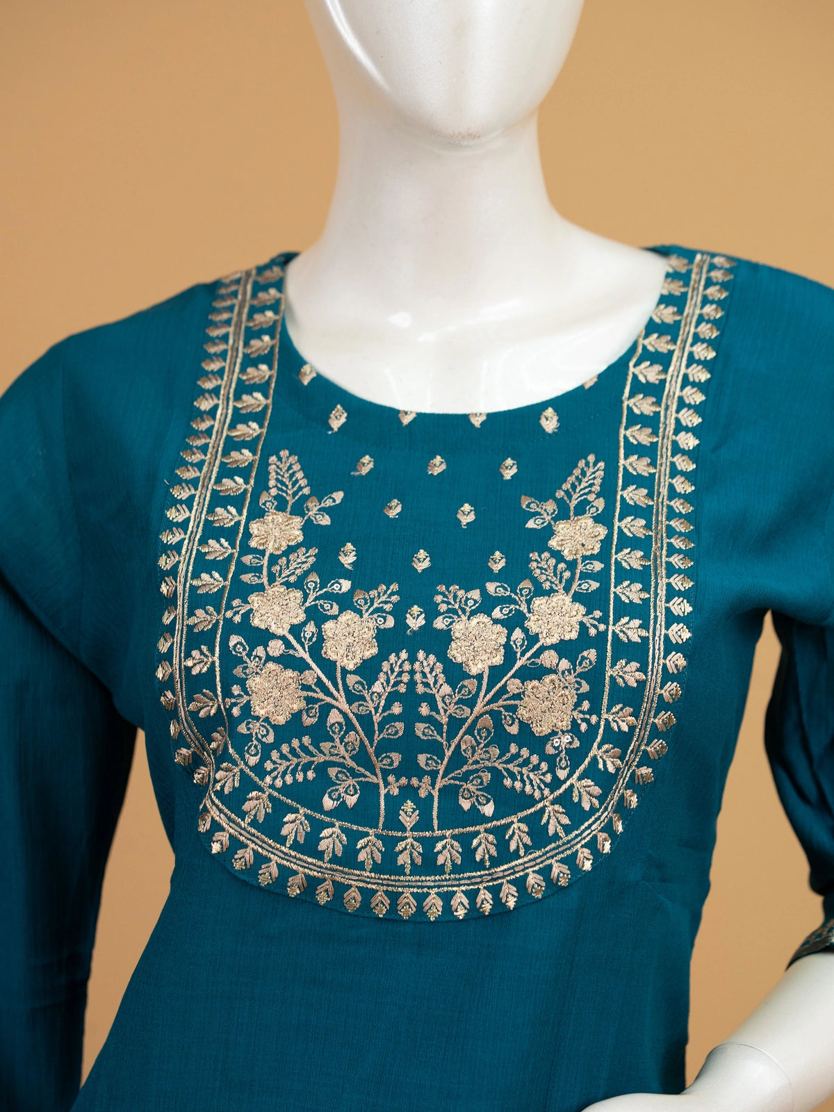 Teal Blue zari embroidered straight cut kurti set with printed dupatta and straight pants
