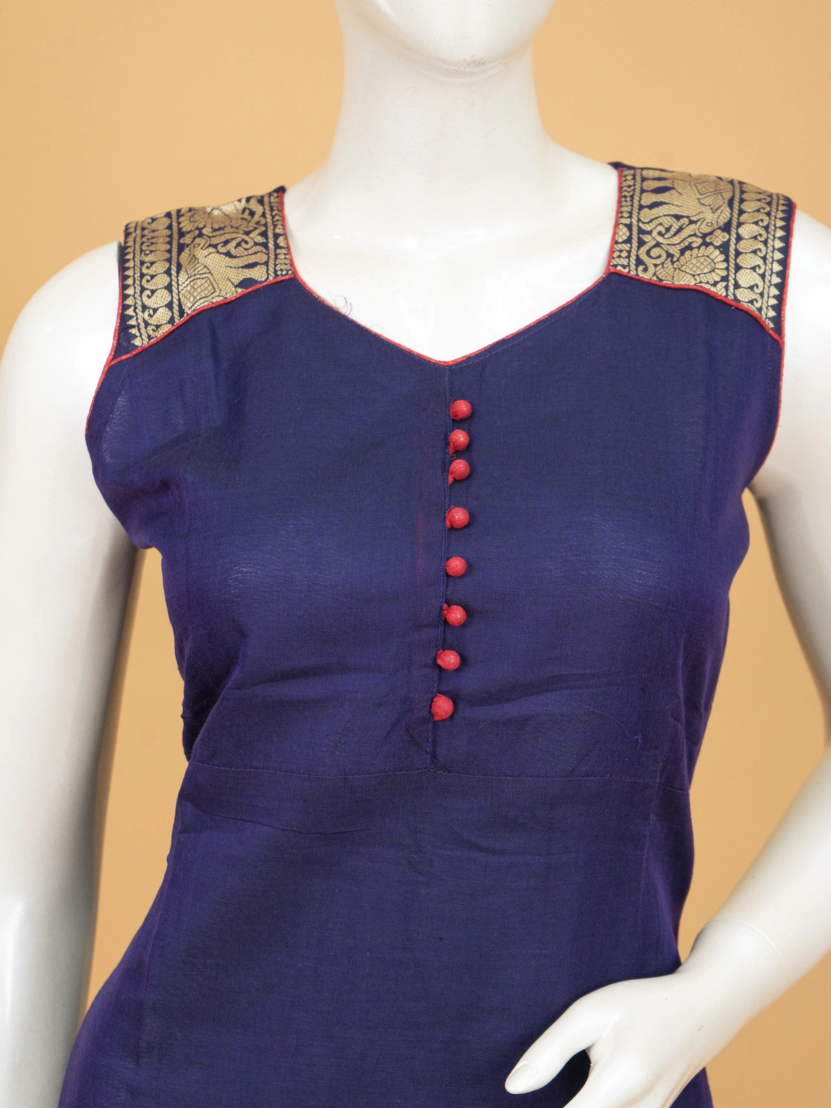 Navy Blue cotton straight cut kurti set with gold zari elephant border, red potli buttons and matching dupatta