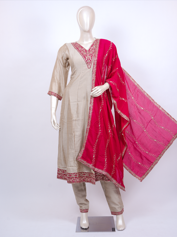 Beige embroidered kurti set with rani pink zari dupatta and straight pants