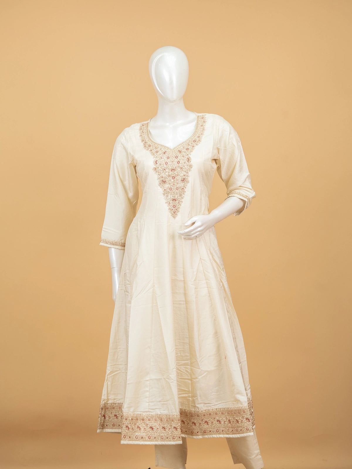 Cream zari embroidered anarkali kurti set with maroon bandhani dupatta and cream straight pants