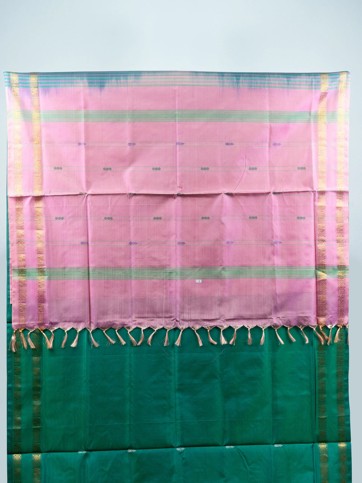 Green Banana Silk saree with contrast pink pallu and gold zari border