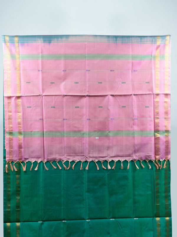 Green Banana Silk saree with contrast pink pallu and gold zari border