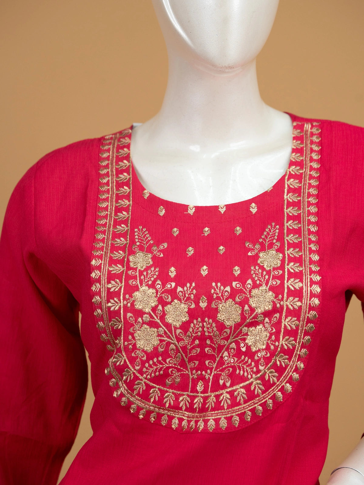 Rani Pink zari embroidered straight cut kurti set with pants and woven dupatta
