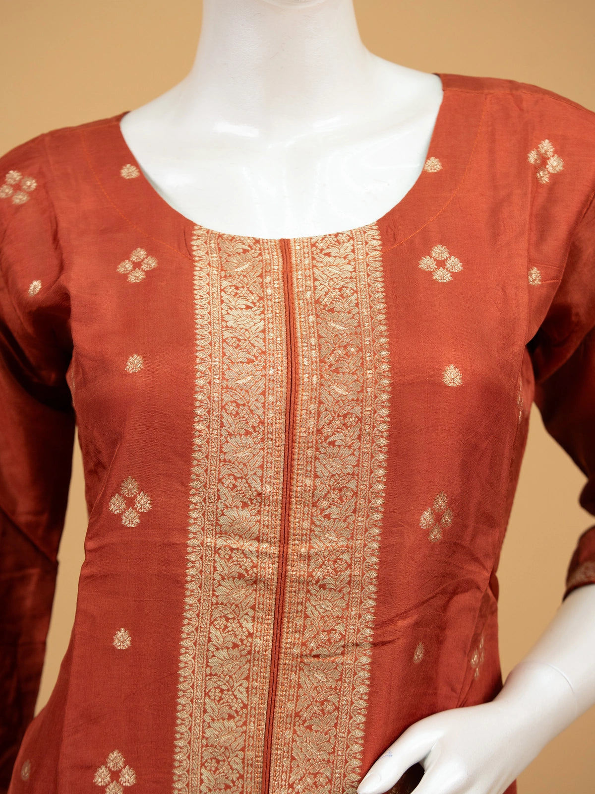 Rust Banarasi silk zari woven straight cut kurti set with matching pants and dupatta