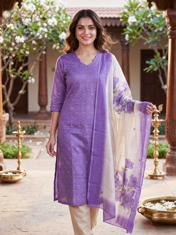Purple zari buti kurti set with beige pants and floral hand-painted cream dupatta