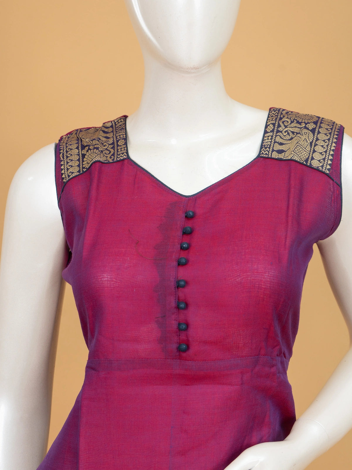 Magenta cotton silk straight cut kurti set with zari elephant motif border and matching dupatta