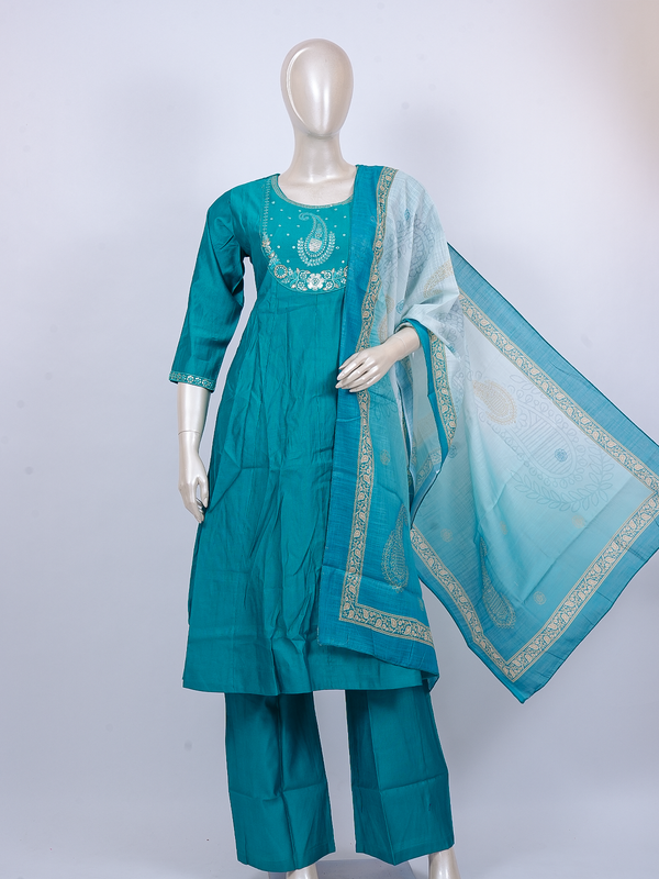 Teal blue embroidered A-line kurti set with ombre paisley dupatta and straight pants