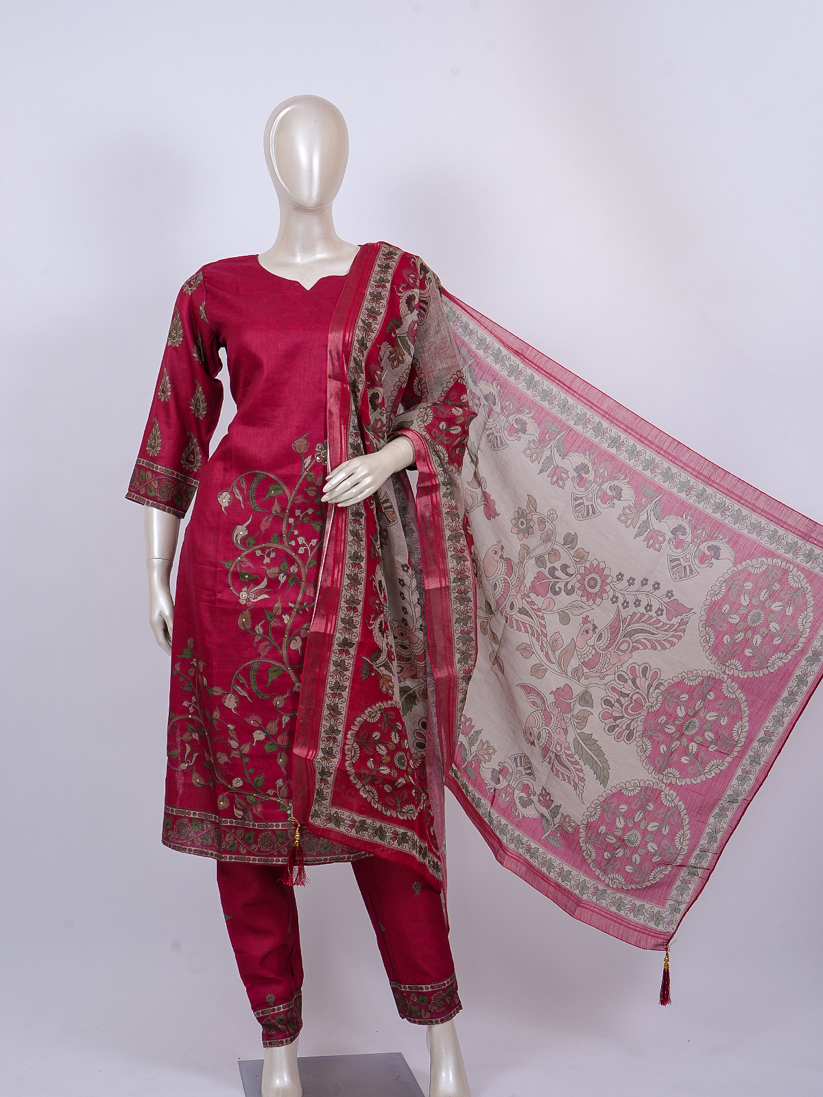 Rani Pink art silk kurti set with floral motifs and Kalamkari-print beige dupatta