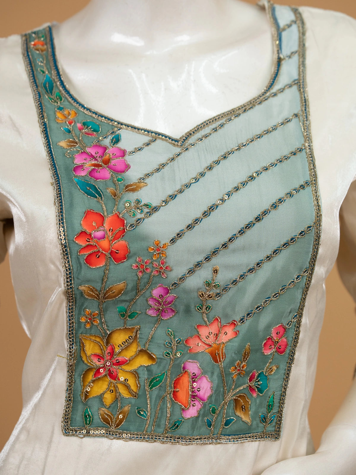 Off-White silk blend straight cut kurti set with sage green floral hand-painted embroidered yoke and matching dupatta