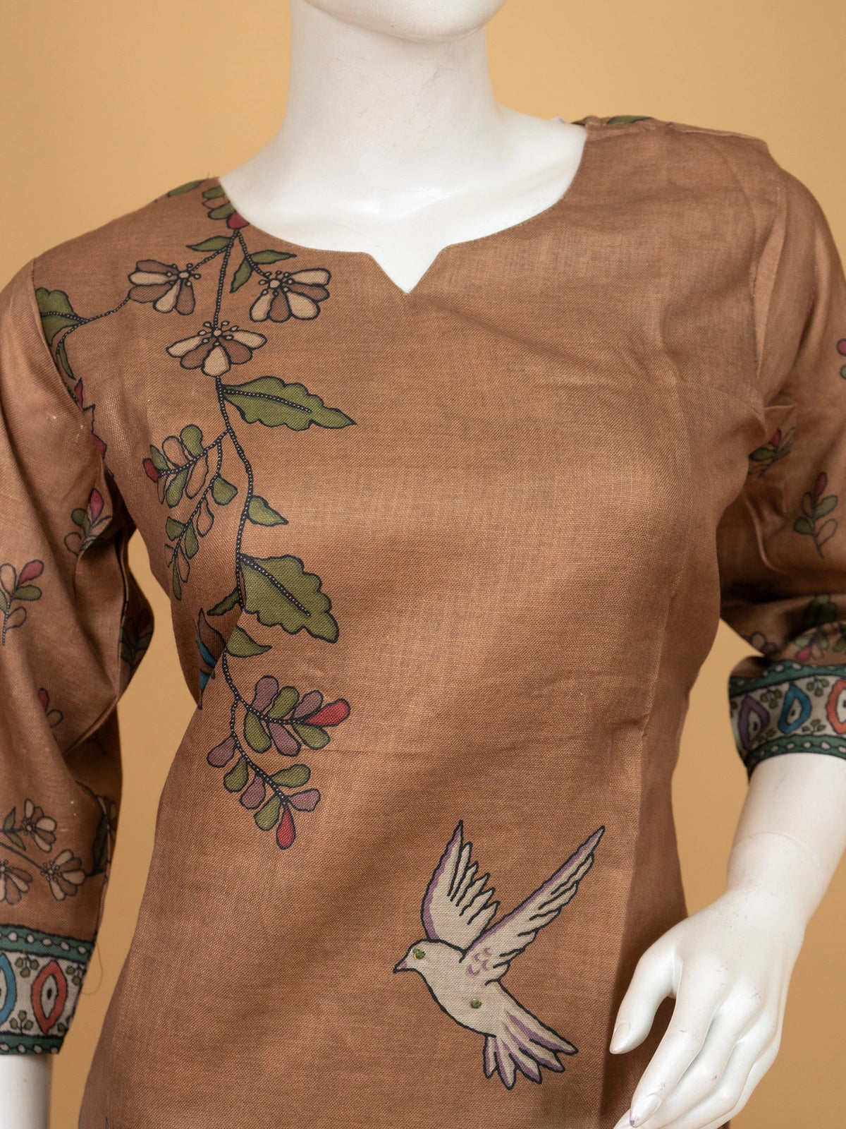 Brown Kalamkari bird print cotton straight cut kurti set with dupatta and pants