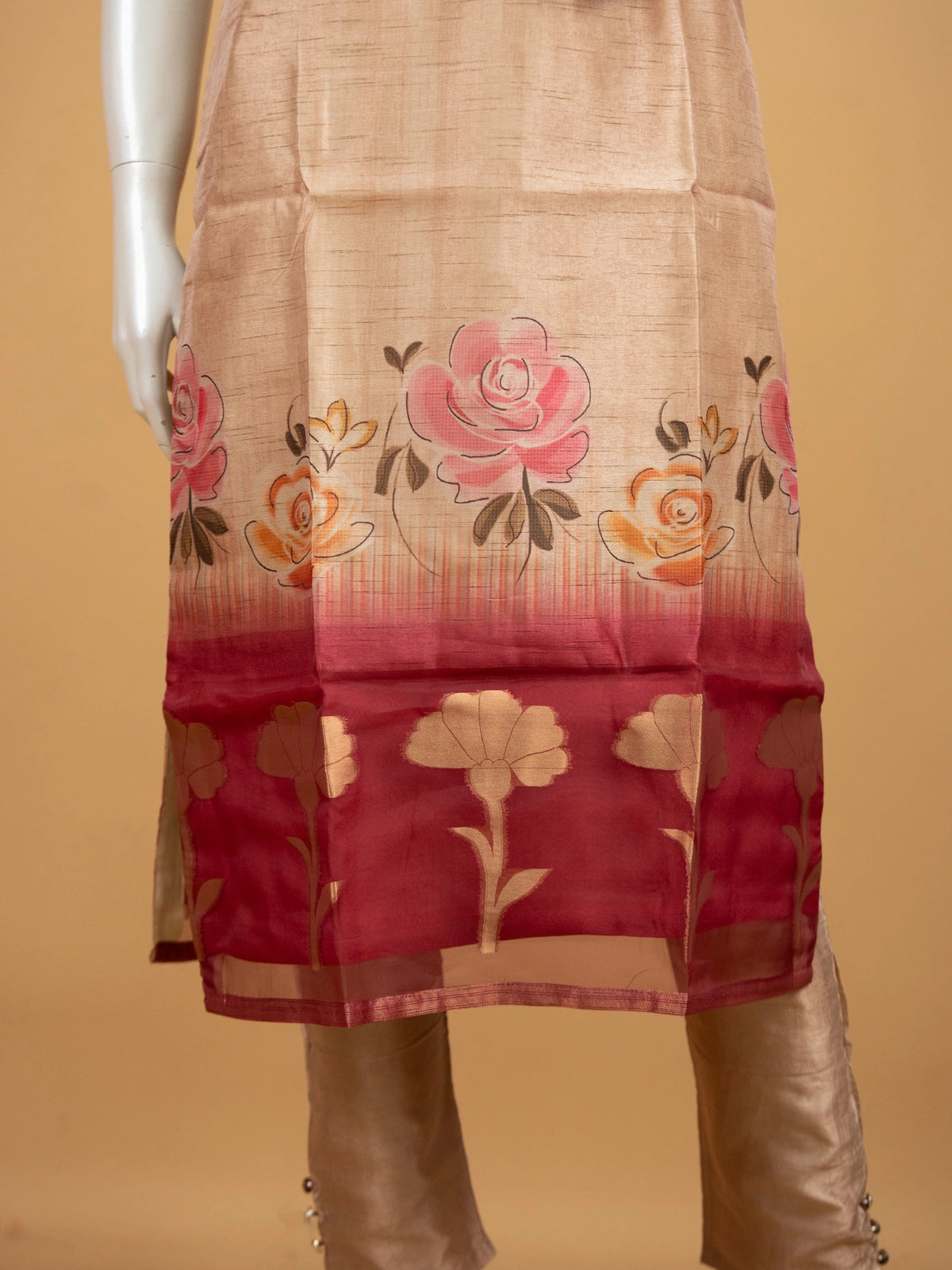 Beige floral tussar silk mirror work straight cut kurti set with printed dupatta