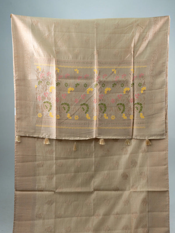 Beige semi raw silk saree with copper zari border and multicolour floral meenakari pallu