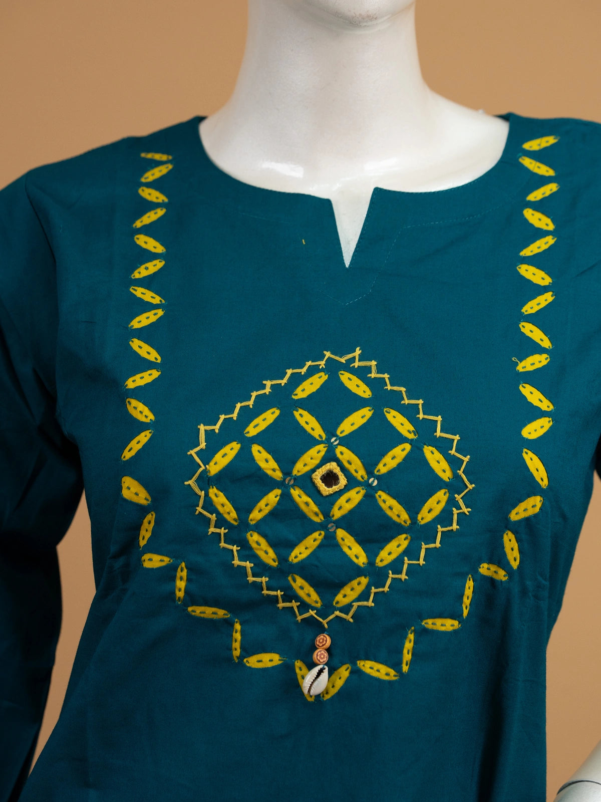 Teal cotton straight-cut kurti set with yellow mirror embroidery and contrasting mustard applique dupatta