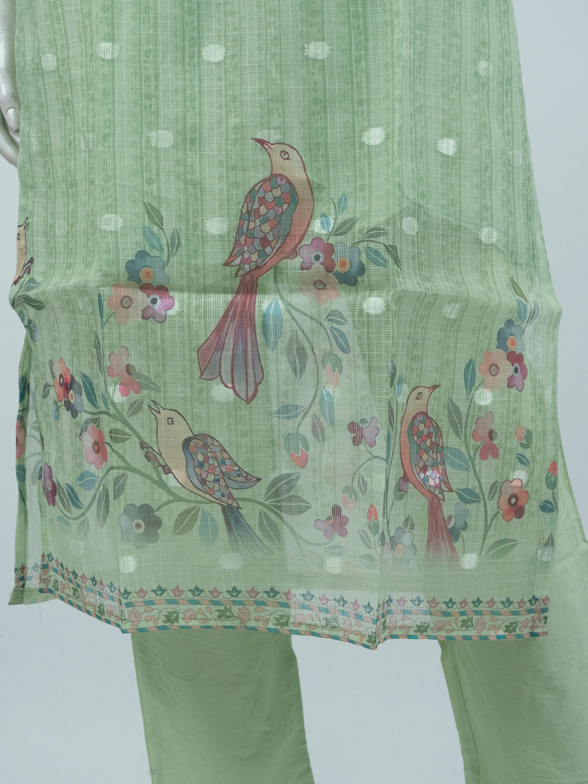 Sage Green bird print Kota cotton straight cut kurti set with pants and dupatta