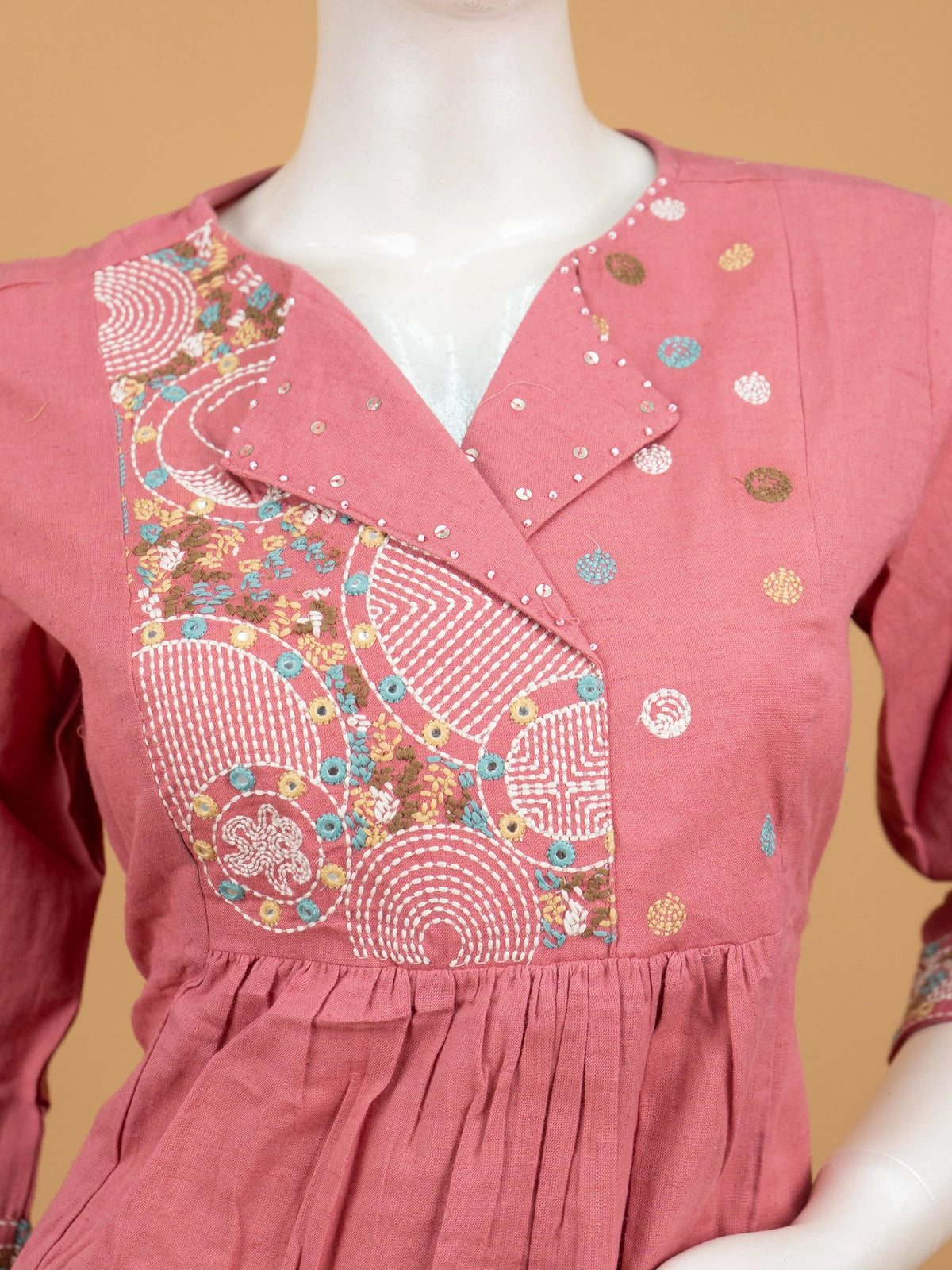 Rose Pink Cotton Peacock Kantha Embroidered Straight Cut Kurti Set with straight-fit pants