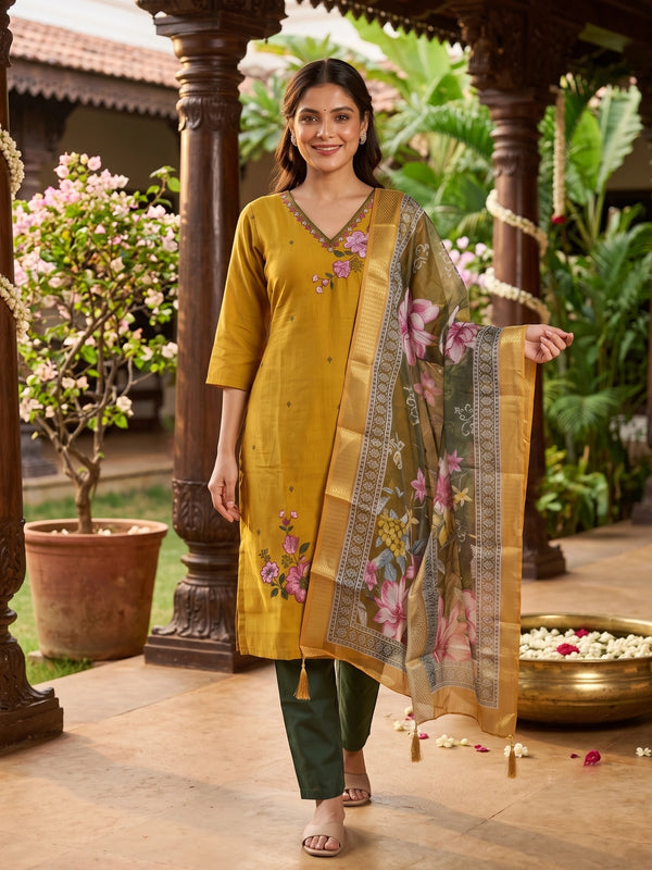 Mustard yellow floral embroidered ready made kurti set with green pants and olive floral organza dupatta