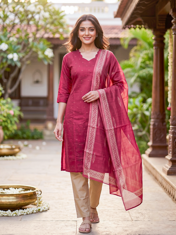 Rani pink zari buti ready made kurti set with matching dupatta and beige straight pants
