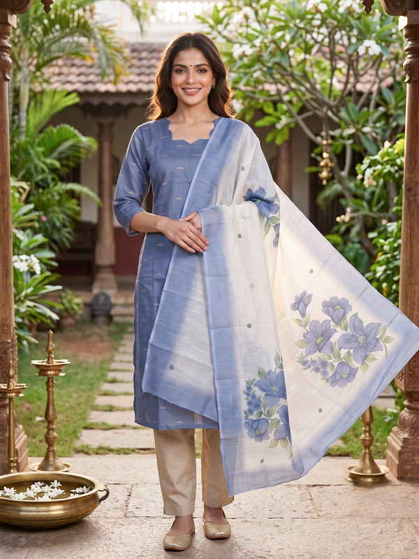 Blue-grey zari butti kurti set with cream pants and off-white floral print dupatta