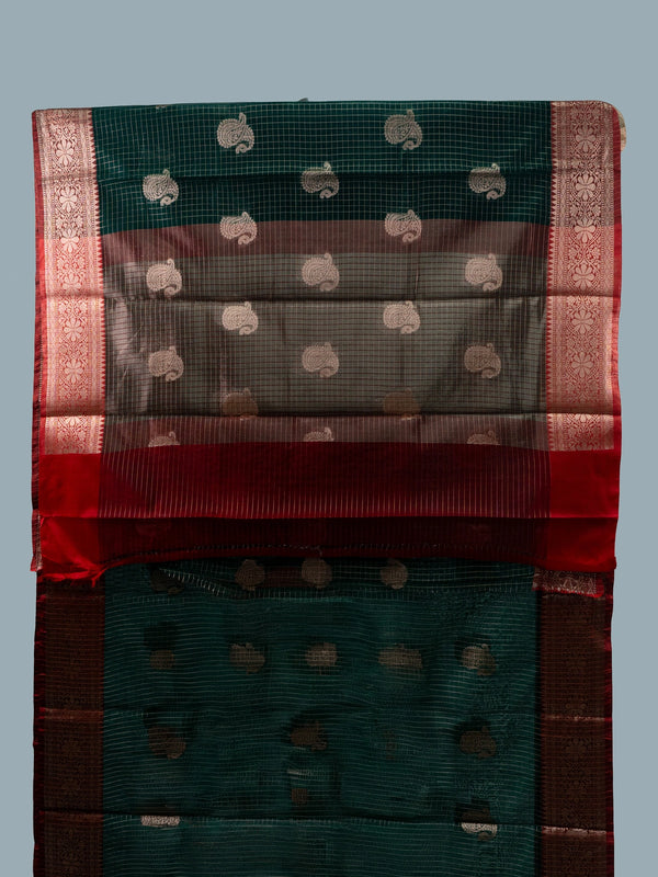 Dark green semi raw silk saree with red contrast zari border and paisley butta motifs
