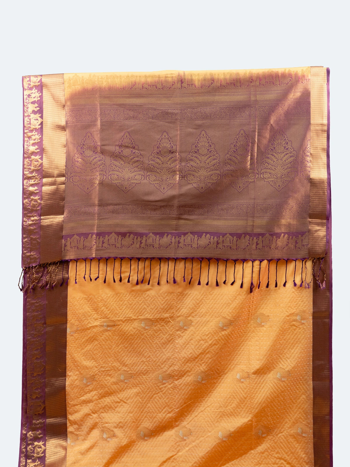 Marigold soft silk saree with contrast wine purple and gold zari temple border and ornate pallu