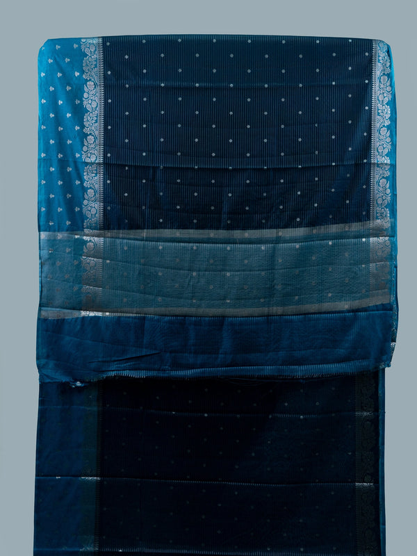 Teal blue semi raw silk saree with silver zari buttis and floral zari border